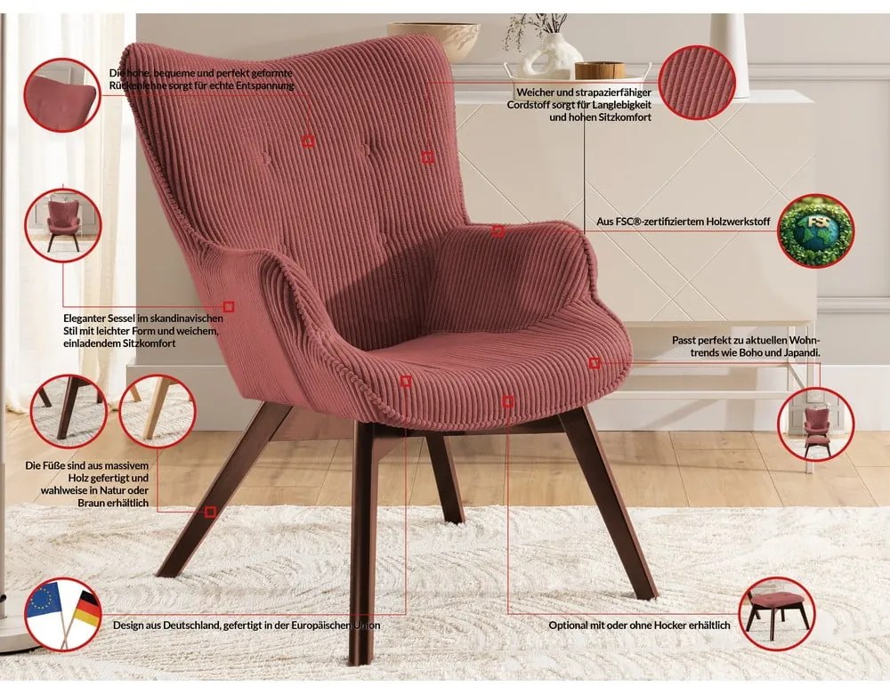 Fotoliu cu taburet roșu cu tapițerie din catifea reiată Niko – Ropez