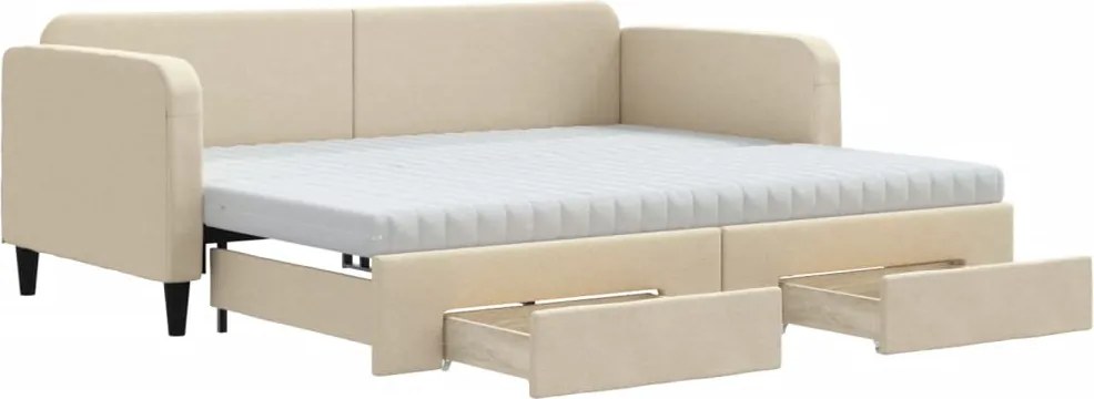 vidaXL Pat de zi cu extensie și sertare, crem, 90x200 cm, textil