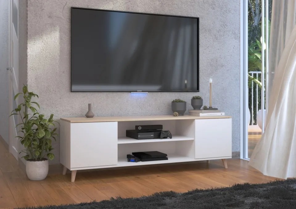 Comodă TV, 155x40x50cm, Petra, ADRK Furniture (Culoare: Alb / Auriu artizanal)