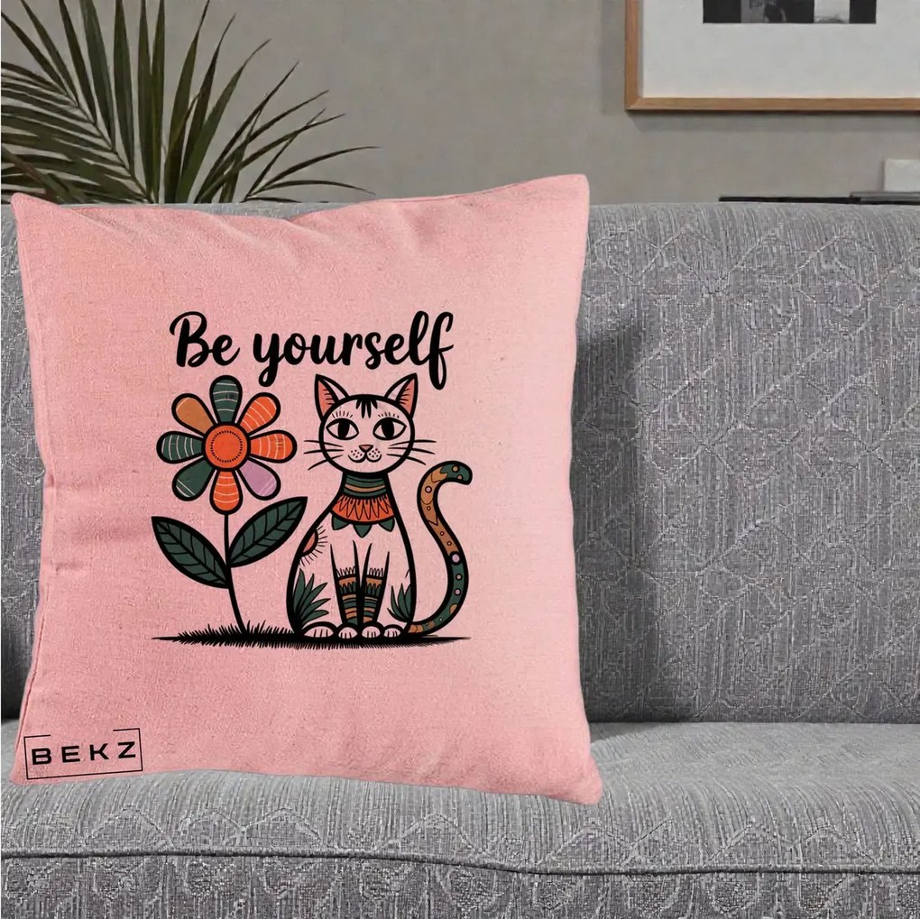 Perna Personalizata Be Yourself Pisica Folk, 40x40 cm, Roz, Husa Detasabila, Perna Inclusa, BEKZ®