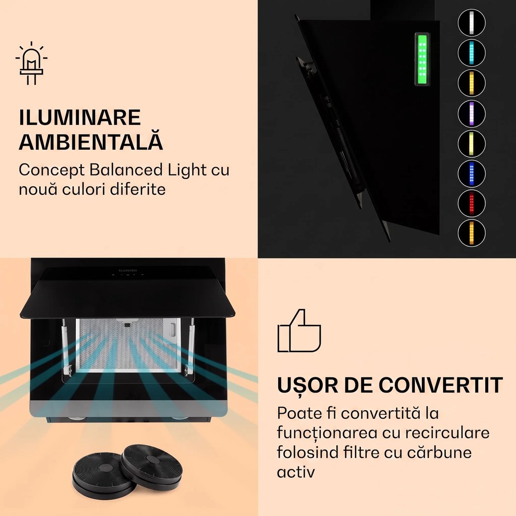 Klarstein Aurora Eco 60, hota, 60 cm, montată pe perete, 585 m³/h, A+, control tactil, negru