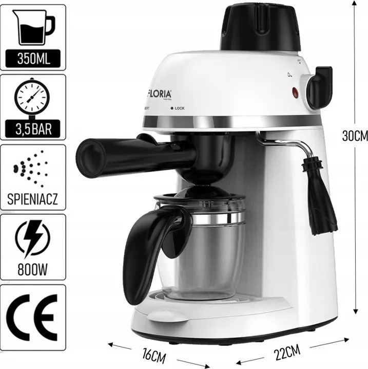 Espressor Floria ZLN9359 Alb, putere 800W, presiune de 3.5 bari, usor de curatat