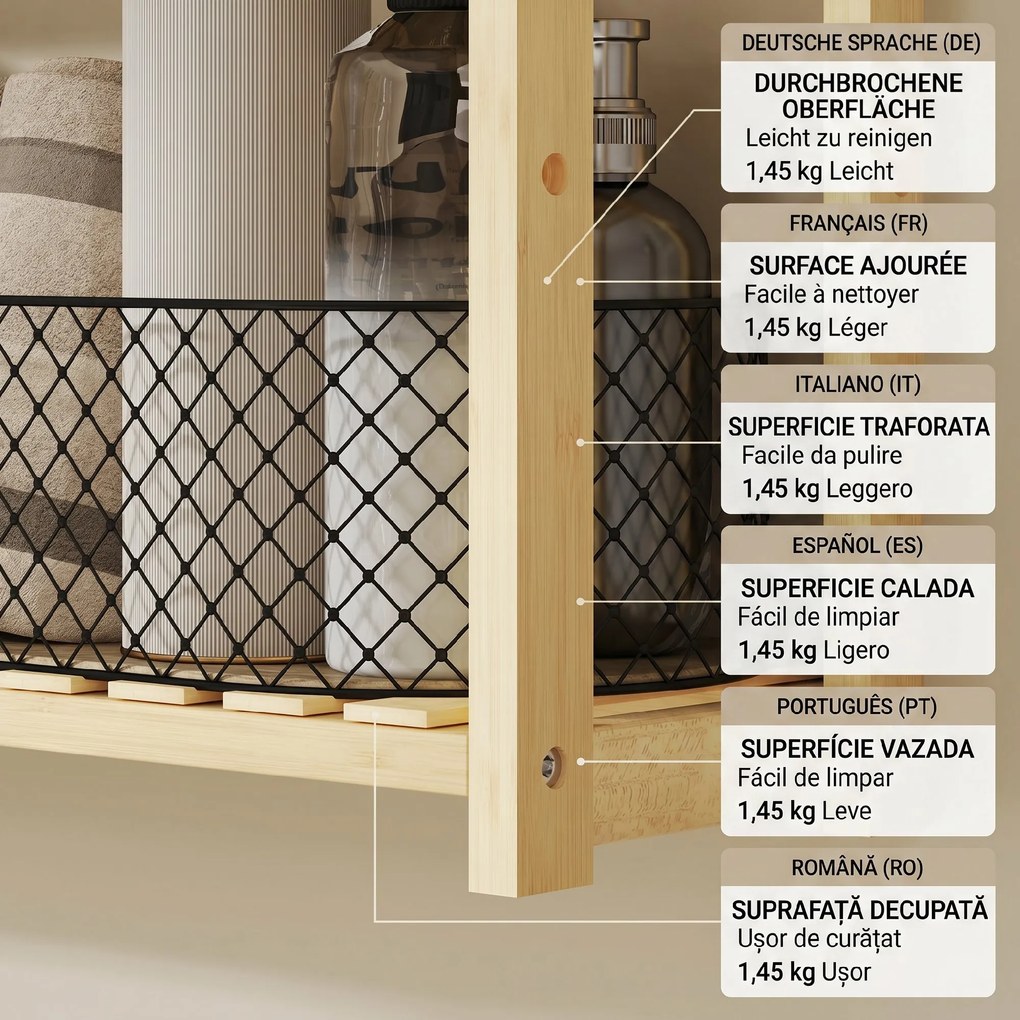 HOMCOM Etajeră de Baie cu 3 Rafturi Reglabile pe 5 Nivele, Dulap de Depozitare din Bambus, 60x15x50 cm, Lemn Natural | Aosom Romania