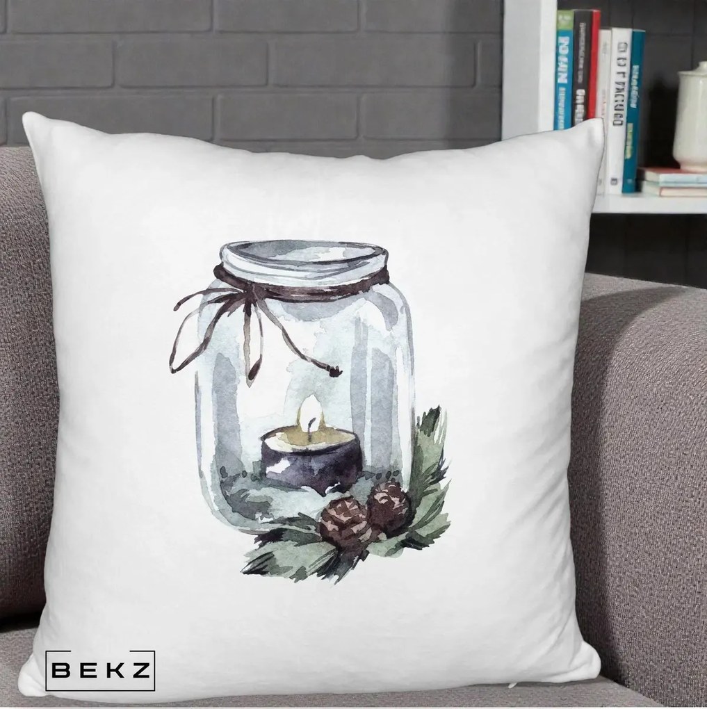 Perna Decorativa Felinar cu Lumanare si Conuri, 40x40 cm, Alb Pufos, Husa Detasabila, Perna Inclusa, BEKZ®