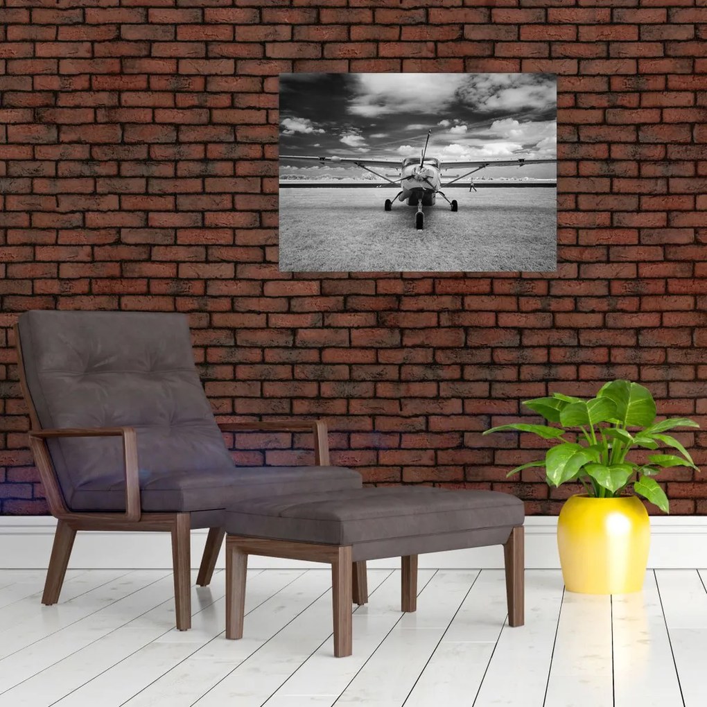 Tablou pe sticlă - Avion alb-negru și alb-negru (70x50 cm)