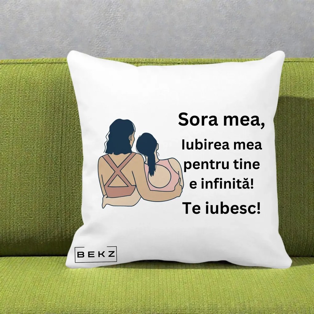 Cadou pentru Sora - Perna Personalizata Sora Mea Te Iubesc Doua Fete Fashioniste Line Art, 40x40 cm, Alba Mata, Husa Detasabila, Perna Inclusa, BEKZ®