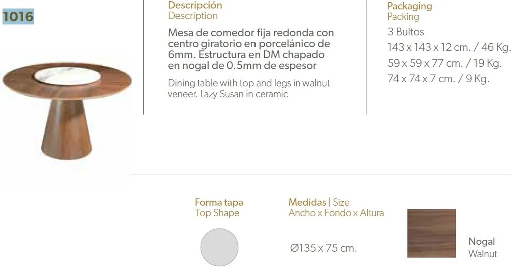 Masa dining cu blat central rotativ Veneer, 135cm AC-BRT1702-2