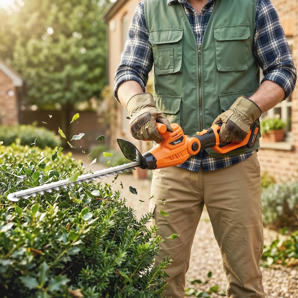 Outsunny Trimmer pentru Gard Viu pe Baterie 18V, Trimmer pentru Grădină cu 2 Baterii de 4Ah, Încărcător, Târnă Telescopică Reglabilă din Aluminiu, Lamă Cu Acțiune Dublă de 51cm pentru Ramuri, Portocaliu | Aosom Romania