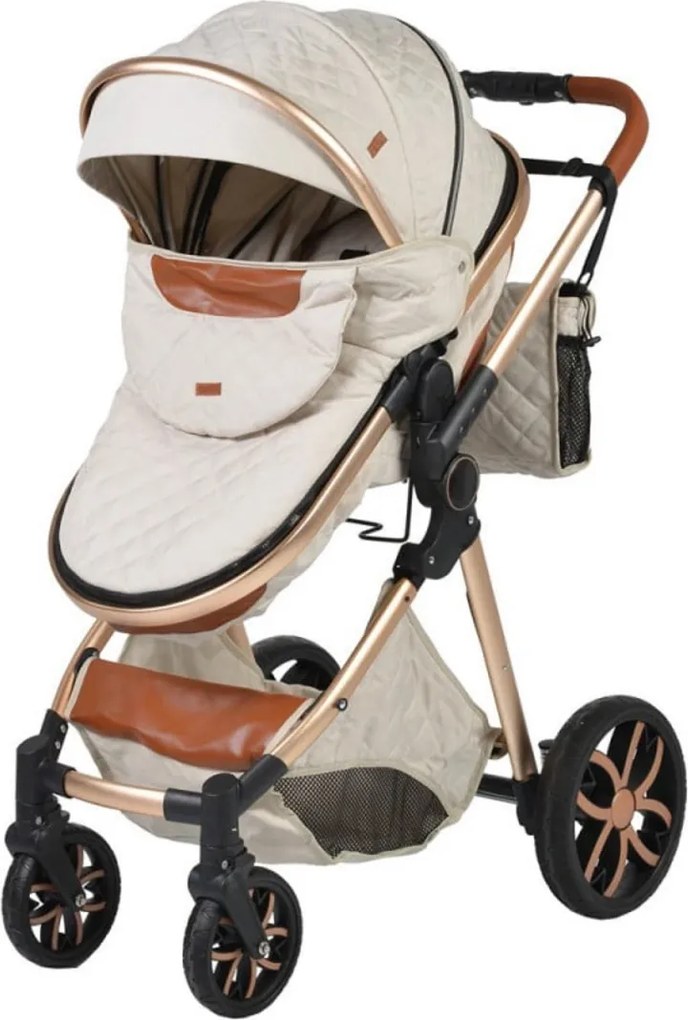 Carucior nou nascuti 2 in 1 NOVOKIDS™ Alma Gold PRO , Cu geanta bebe, Cadru Aluminiu , Amortizoare, Roti din cauciuc plin AVE, Landou, Modul sport,
