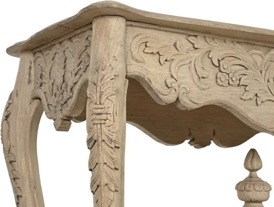 Consolă hol sculptată din lemn de mango, natur, cu picioare curbate, frunze de acant și traverse în X, 81 x 122 x 50 cm, „Majesty”