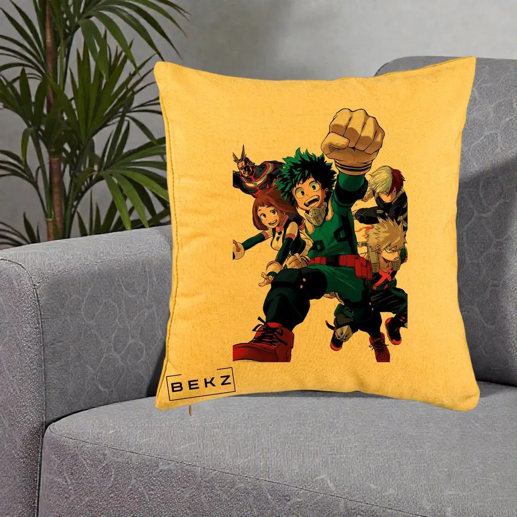 Perna Personalizata My Hero Academia Izuku Deku si Echipa, 40x40 cm, Galben, Husa Detasabila, Perna Inclusa, BEKZ®
