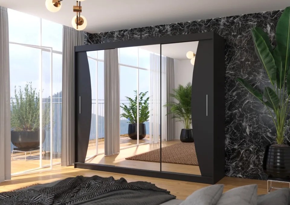 Dulap cu usi glisante si oglinda + iluminare LED, Diego 250 + LED, 250 cmx200 cmx58 cm, ADRK Furniture (Culoare: Ciocolata)