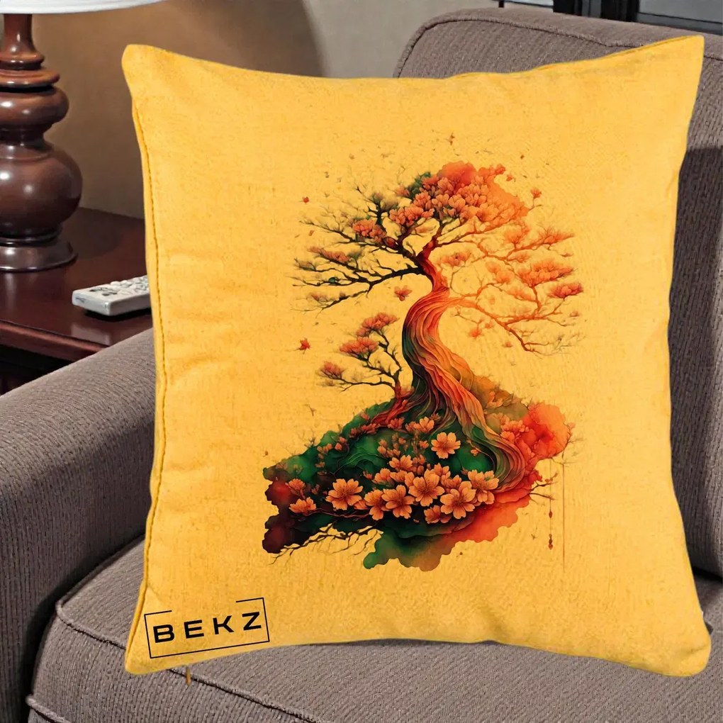 Perna Decorativa Copac Sakura Acuarela Fantasy, 40x40 cm, Galben, Husa Detasabila, Perna Inclusa, BEKZ®