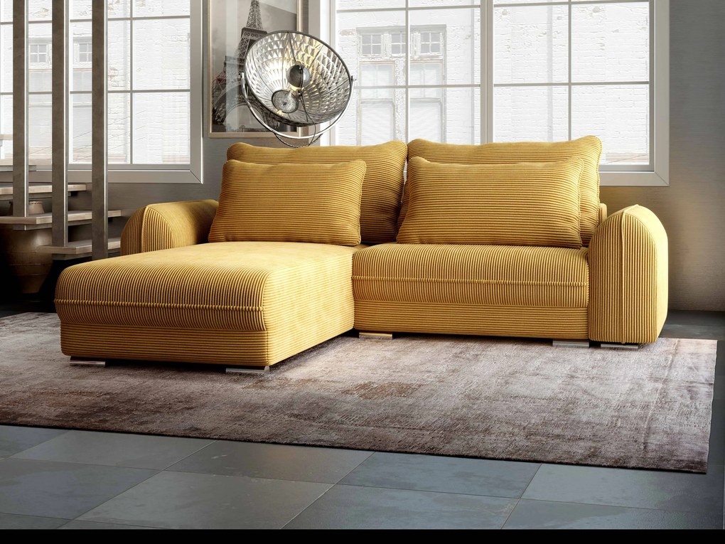 Colțar extensibil dumonde cu ladă de depozitare si sezut confortabil din spuma high-density, Denver Zoom Mustar 275x185 cm