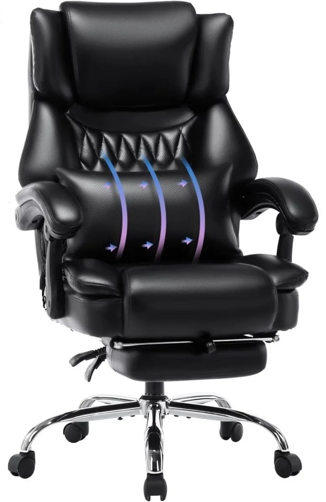 Scaun directorial, spatar inalt, suport pentru picioare, perna lombara detasabila, spatar rabatabil, captuseala groasa respirabila, sustinere extra, piele PU Premium, Negru