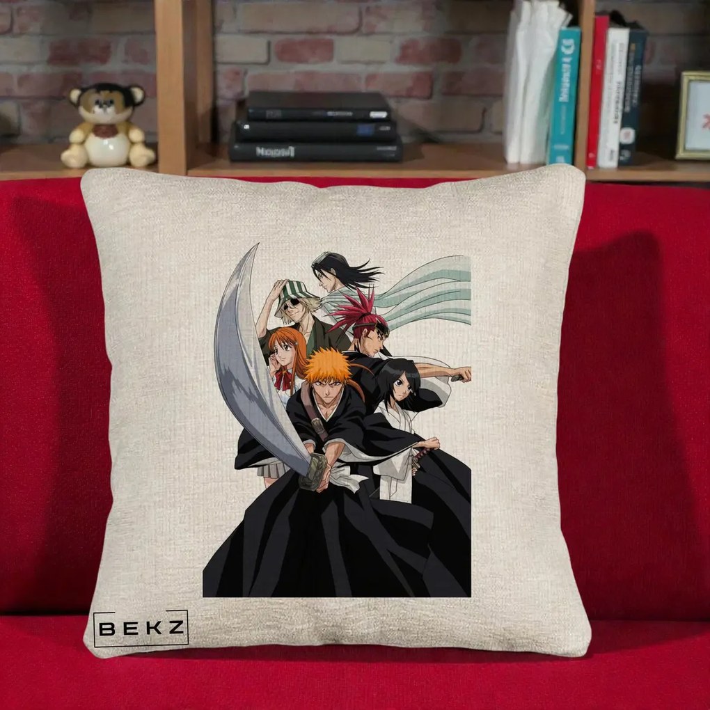 Perna Personalizata Bleach Grup Complet Ichigo si Prietenii, 40x40 cm, Bej Canapea, Husa Detasabila, Perna Inclusa, BEKZ®