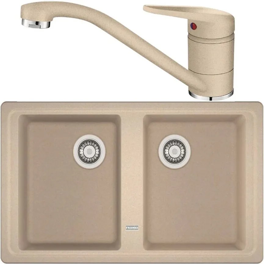 Set chiuveta bucatarie compozit Franke Basis Avena 2 cuve fara picurator 86x50 cm finisaj bej mat cu baterie Novara Plus