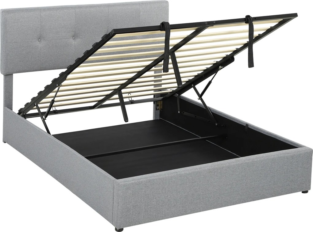 HOMCOM Pat cu ladă 140 x 190 cm, tapițat cu aspect de in, gri închis | Aosom Romania