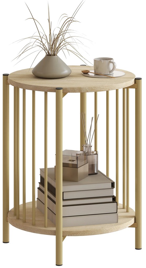 HOMCOM Masa laterală, masă de cafea cu 2 nivele cu raft de depozitare și cadru din oțel, Ø 41 x 49 cm efect lemn natural | Aosom Romania