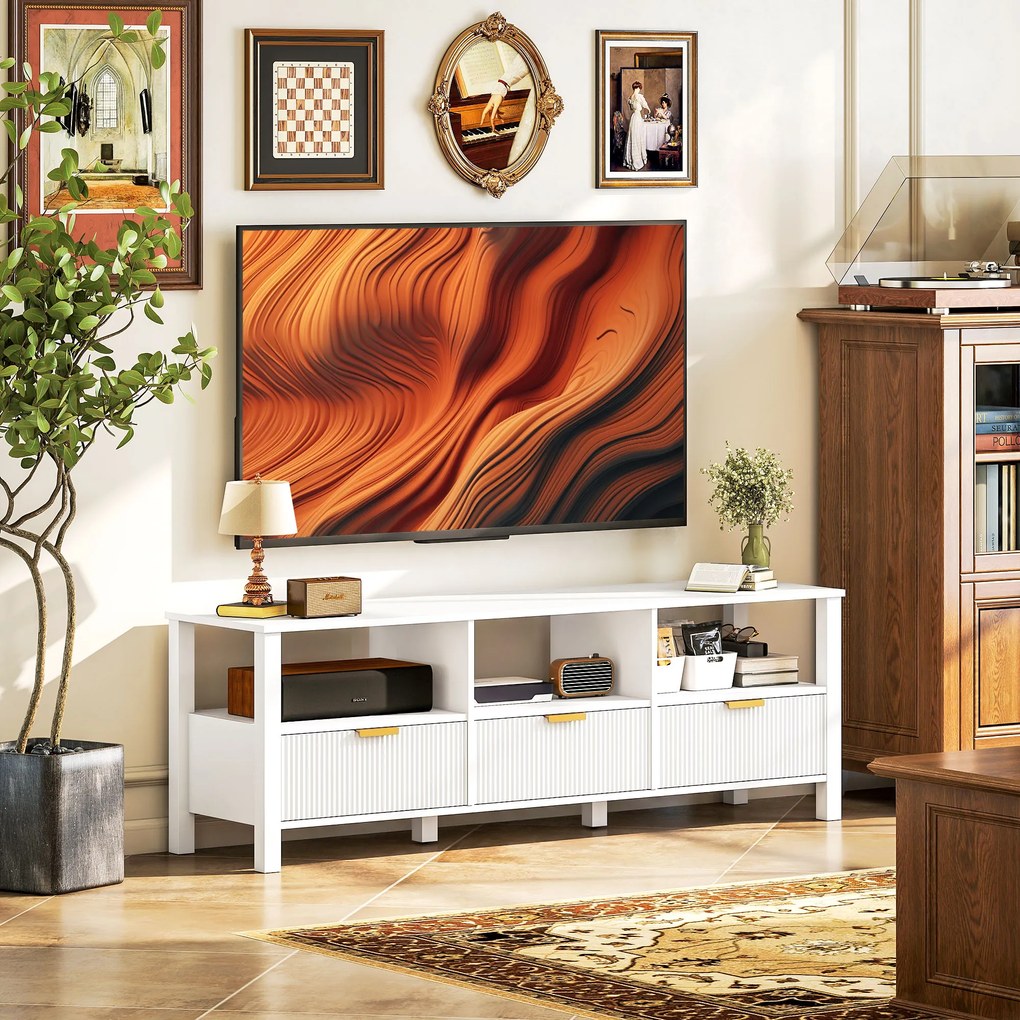 HOMCOM Comodă TV 152 cm, mobilier TV pentru televizor 165,1 cm cu 3 sertare și 3 rafturi deschise, 152x39,5x50cm, alb | Aosom Romania