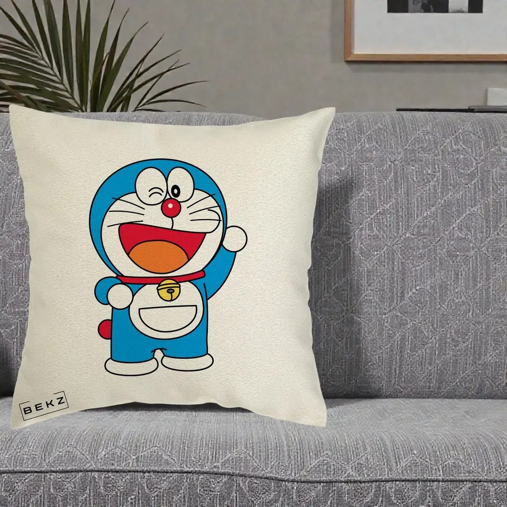 Perna Personalizata Doraemon Salutand, 40x40 cm, Ecru, Husa Detasabila, Perna Inclusa, BEKZ®