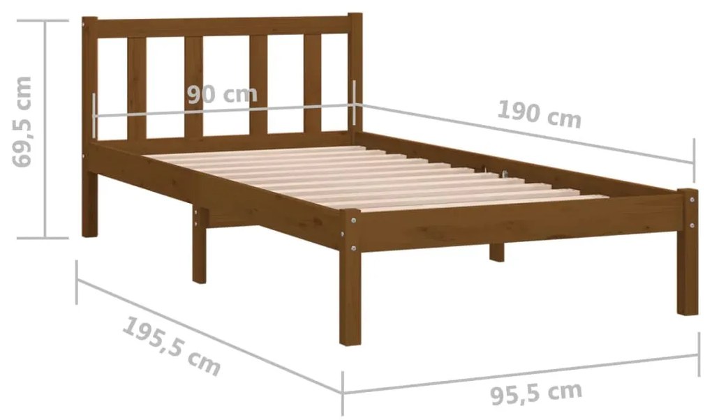 Cadru de pat UK Single, maro miere, 90x190 cm, lemn masiv pin maro miere, 90 x 190 cm