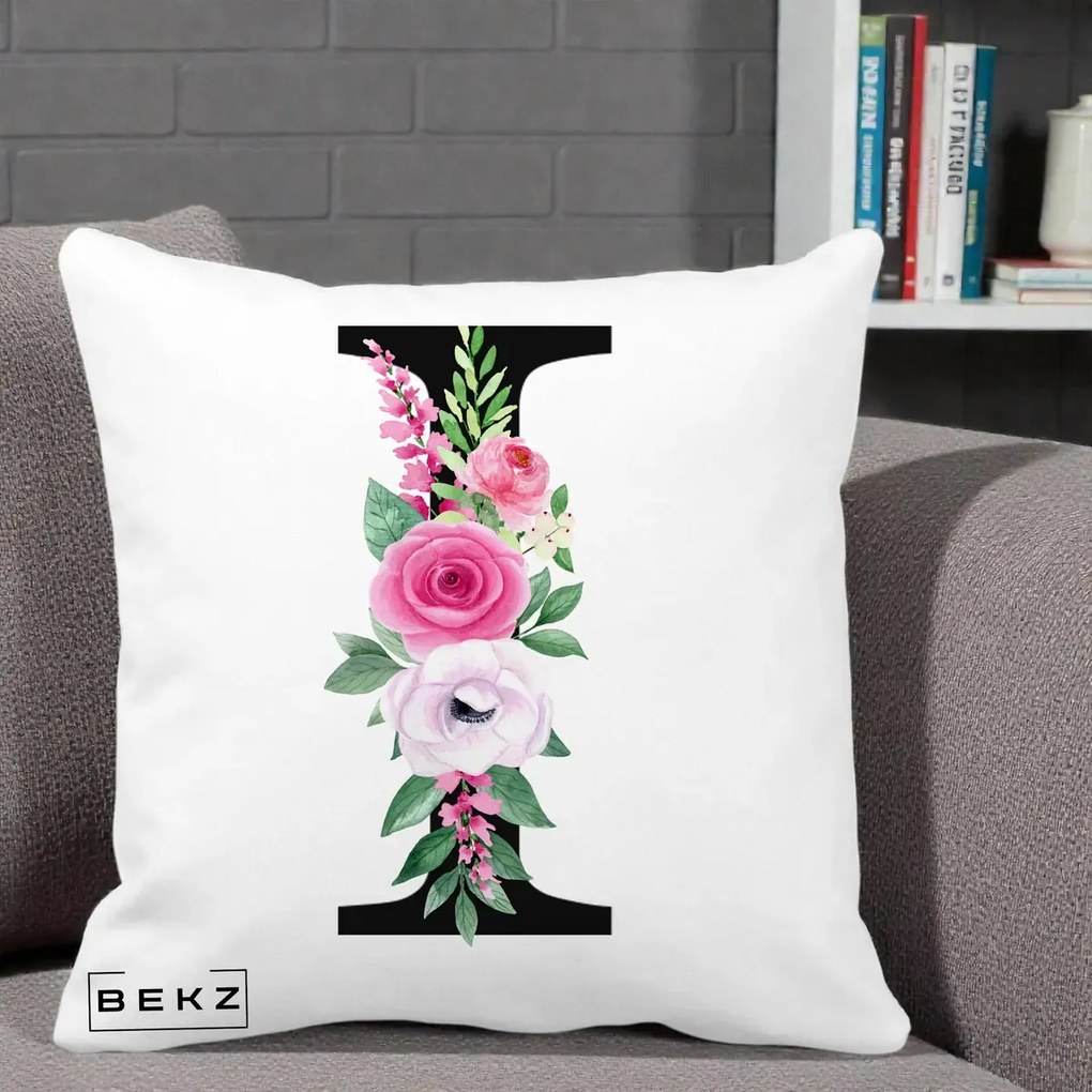 Cadou Personalizat - Perna Personalizata Monograma Florala Litera I, 40x40 cm, Alba Mata, Husa Detasabila, Perna Inclusa, BEKZ®