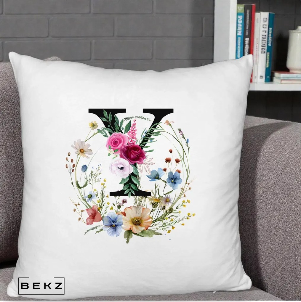 Cadou Personalizat - Perna Personalizata Monograma Florala Litera Y cu Coroana, 40x40 cm, Alb Pufos, Husa Detasabila, Perna Inclusa, BEKZ®
