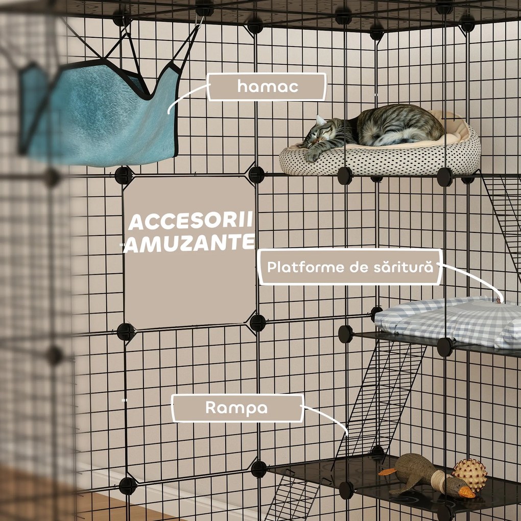 PawHut Căsuță pentru Pisici cu 4 Nivele, 3 Platforme de Sărit, Rampe, 5 Uși și Covoare Antiderapante, 105x105x140 cm, Negru | Aosom Romania
