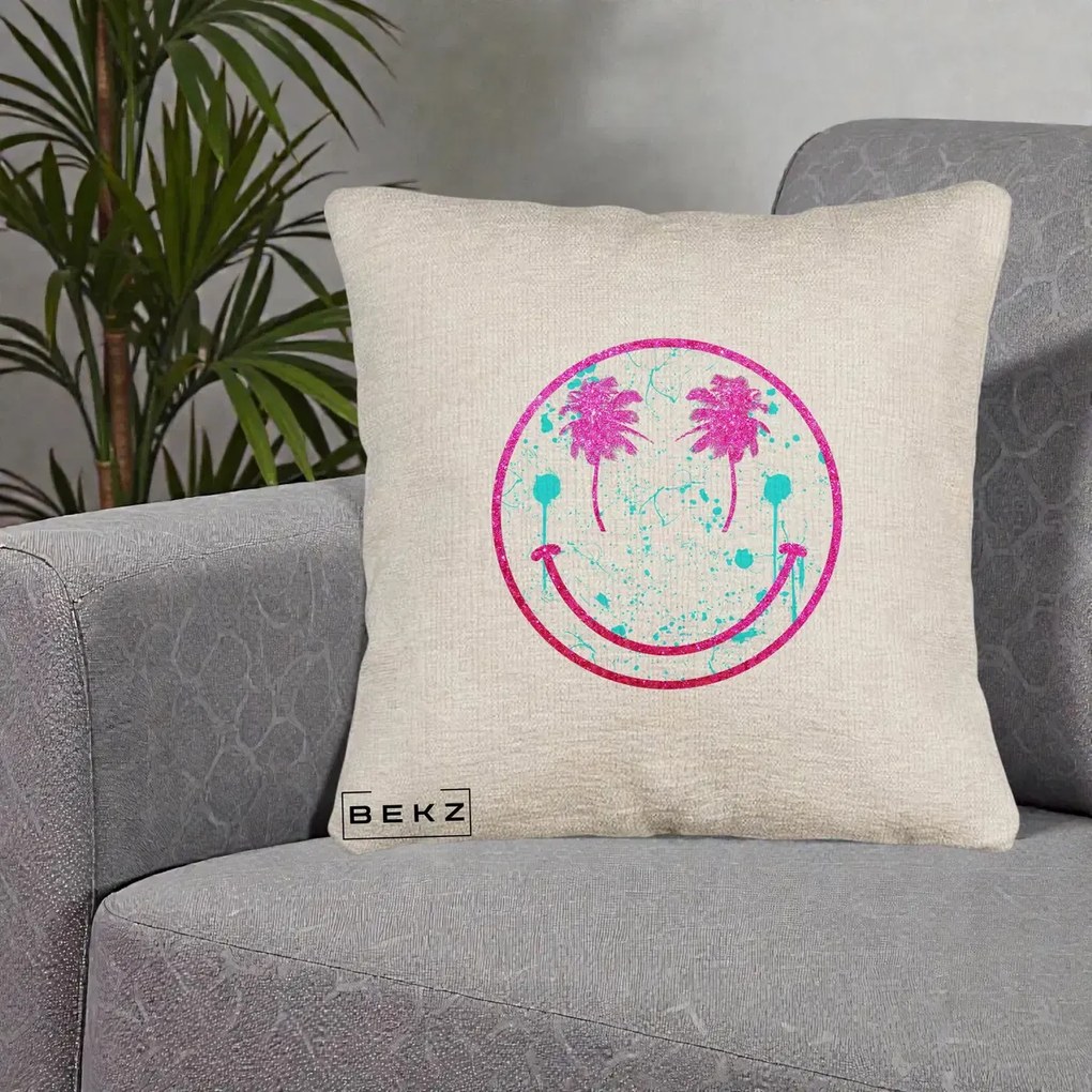 Perna Decorativa Smiley Face Tropical Glitter Roz, 40x40 cm, Bej Canapea, Husa Detasabila, Perna Inclusa, BEKZ®