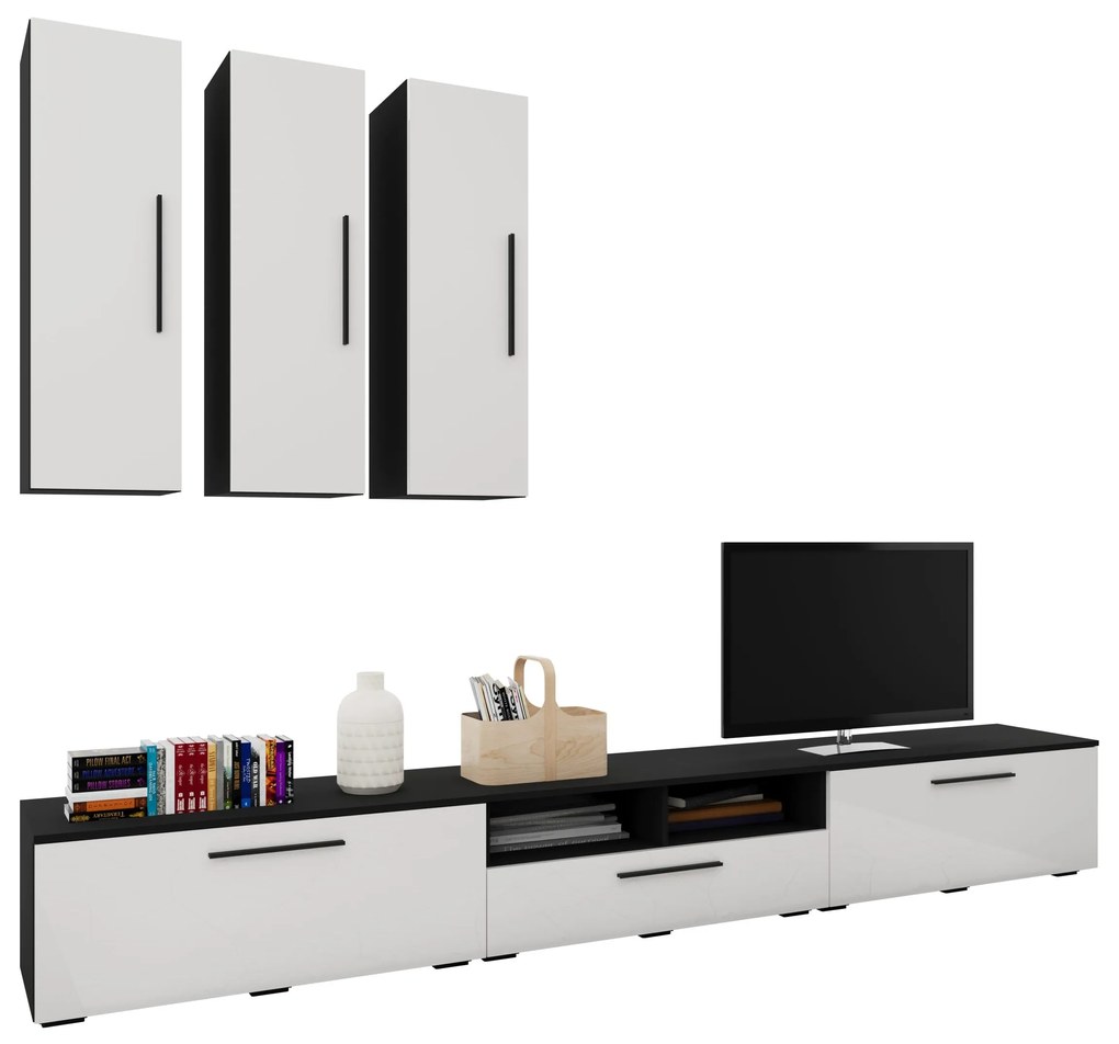 Living Kos V7, Negru/Alb Lucios, MDF, L 285 cm