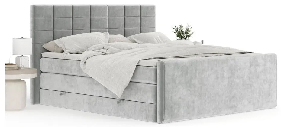 Pat boxspring gri deschis cu spațiu de depozitare 200x200 cm Ava – Maison de Rêve
