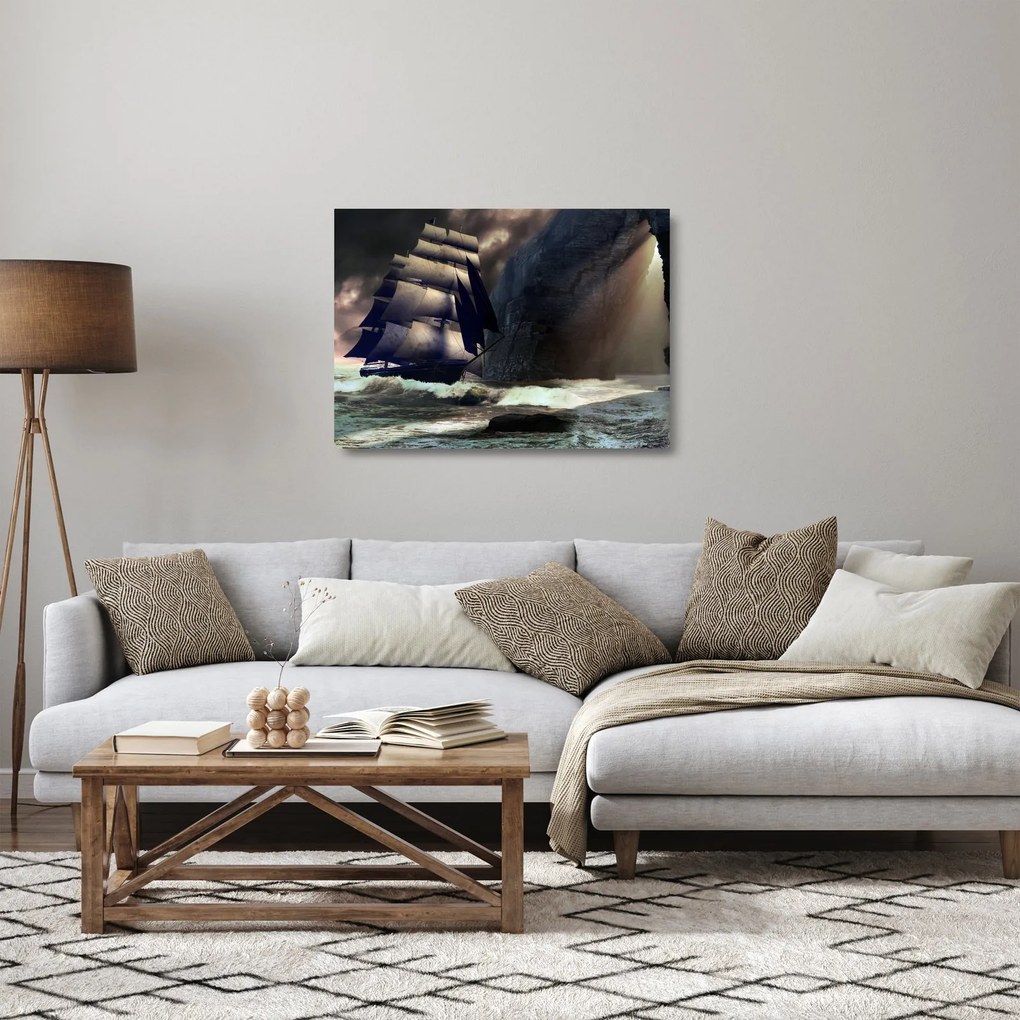 Tablou pe sticlă - Navă printre recife (70x50 cm)
