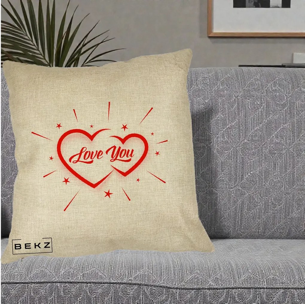 Cadou Romantic - Perna Personalizata Love You Doua Inimi, 40x40 cm, Crem, Husa Detasabila, Perna Inclusa, BEKZ®