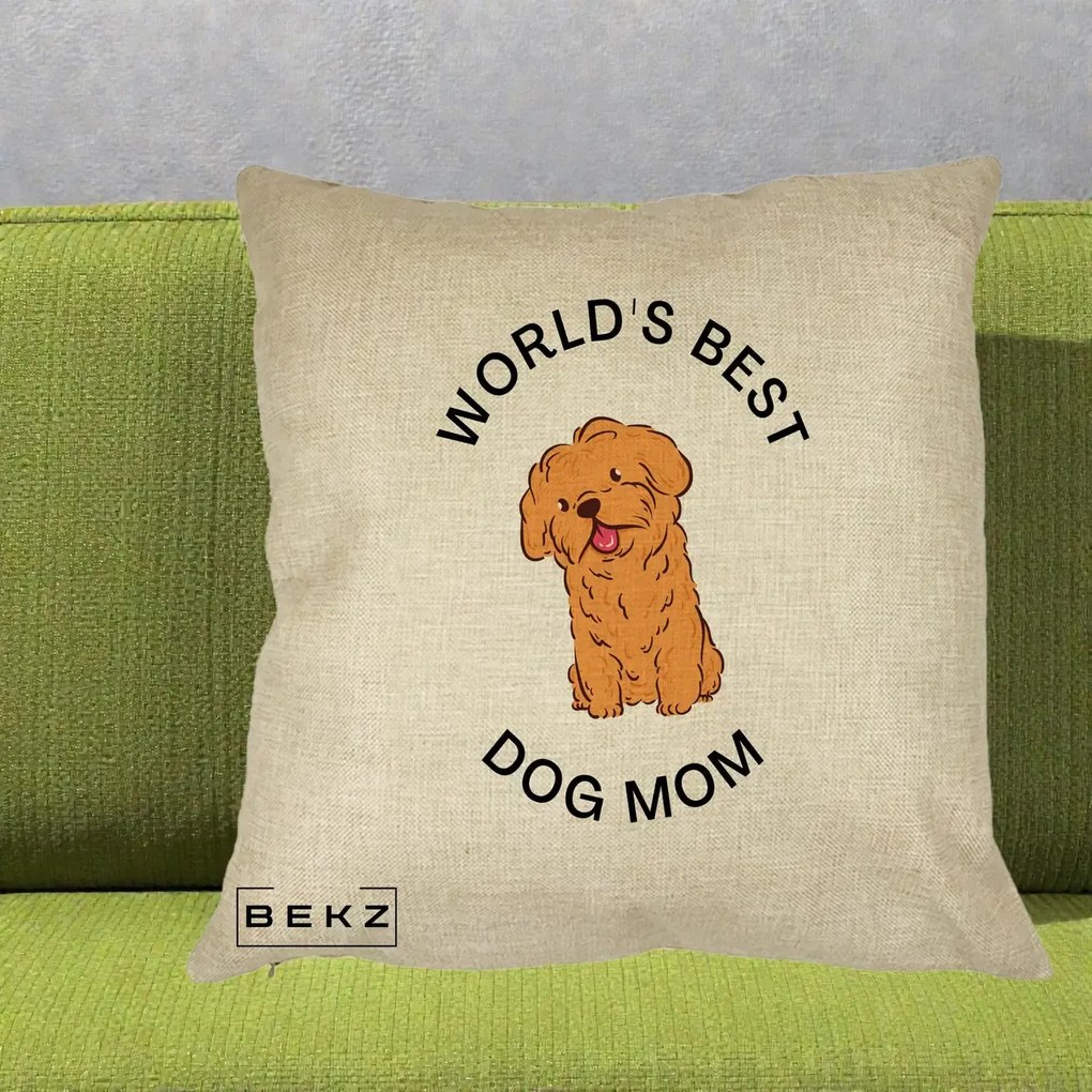 Cadou pentru Iubitorii de Caini - Perna Personalizata World's Best Dog Mom, 40x40 cm, Crem, Husa Detasabila, Perna Inclusa, BEKZ®
