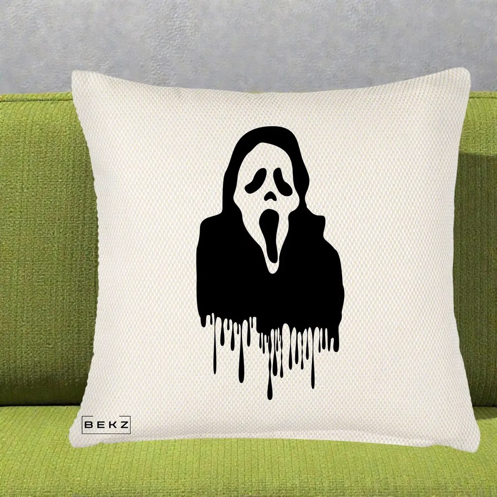 Perna Personalizata Halloween Ghostface Scream Picurand, 40x40 cm, Crem Reliefat, Husa Detasabila, Perna Inclusa, BEKZ®
