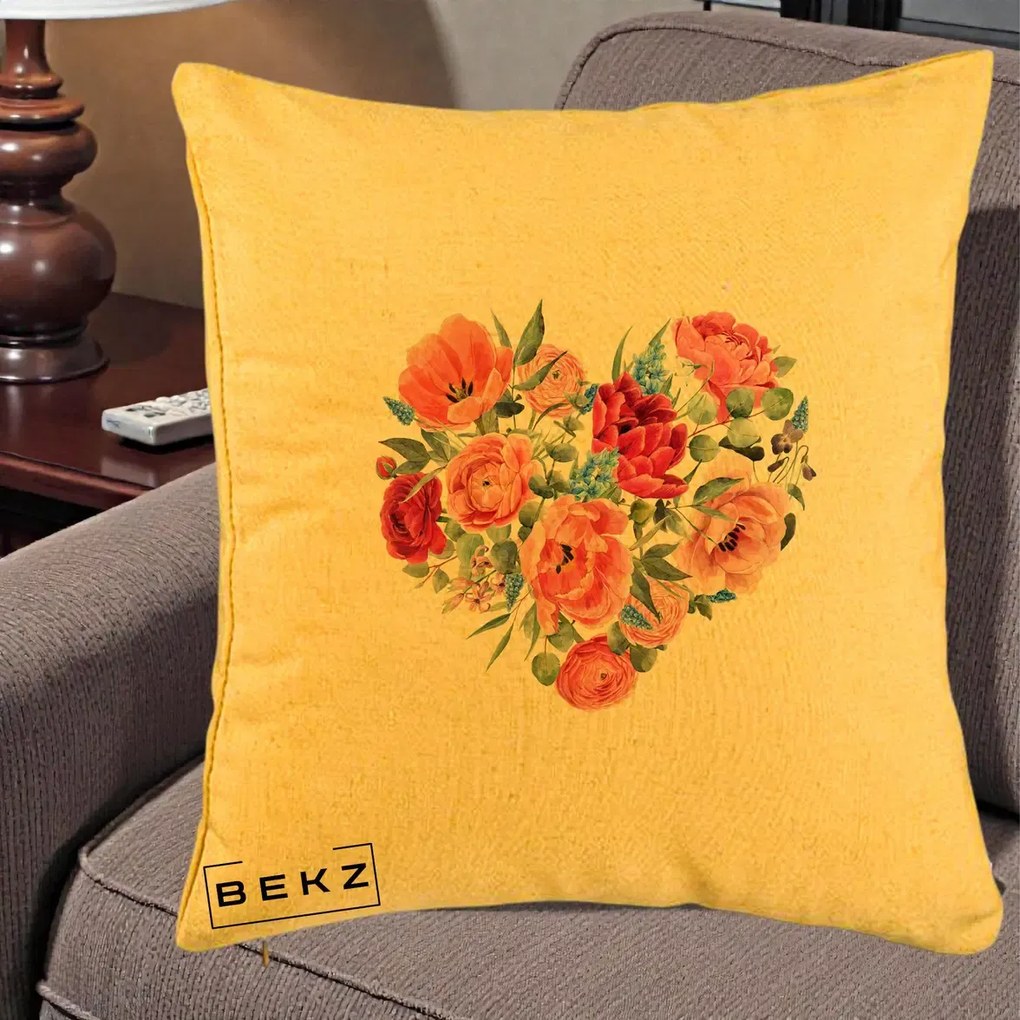 Perna Decorativa Inima din Bujori Acuarela, 40x40 cm, Galben, Husa Detasabila, Perna Inclusa, BEKZ®