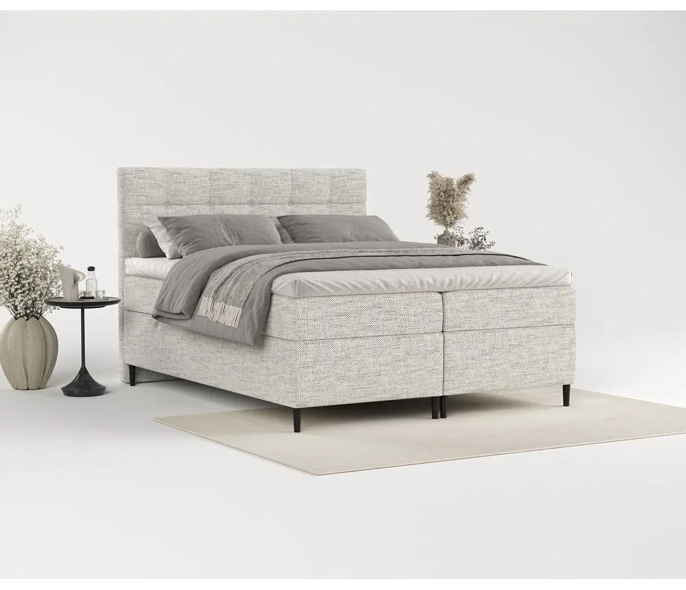 Pat boxspring gri deschis cu spațiu de depozitare 200x200 cm Urbaneo – Maison de Rêve