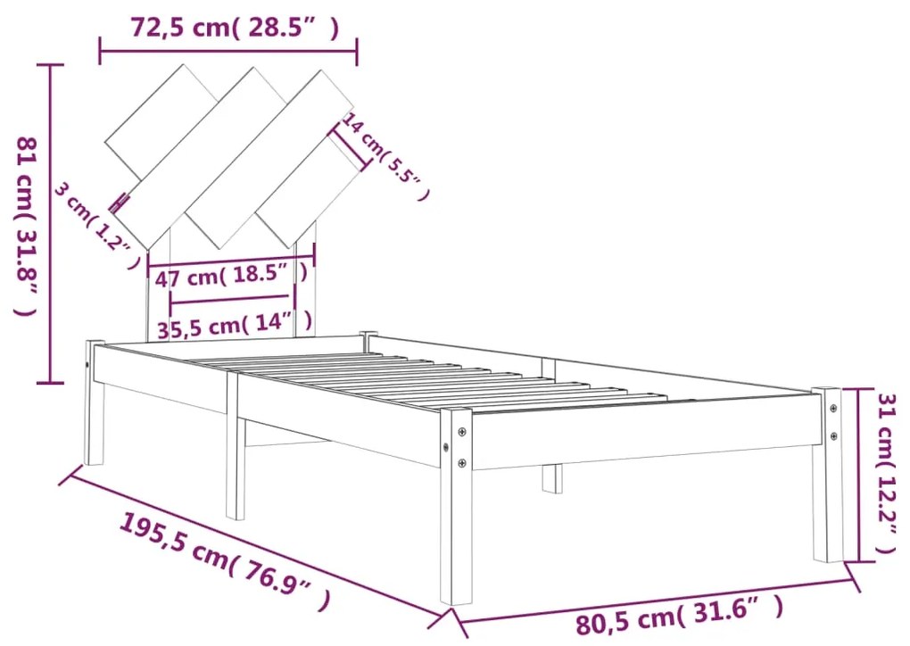 Cadru de pat Small Single 2FT6, alb, 75x190 cm, lemn masiv Alb, 75 x 190 cm