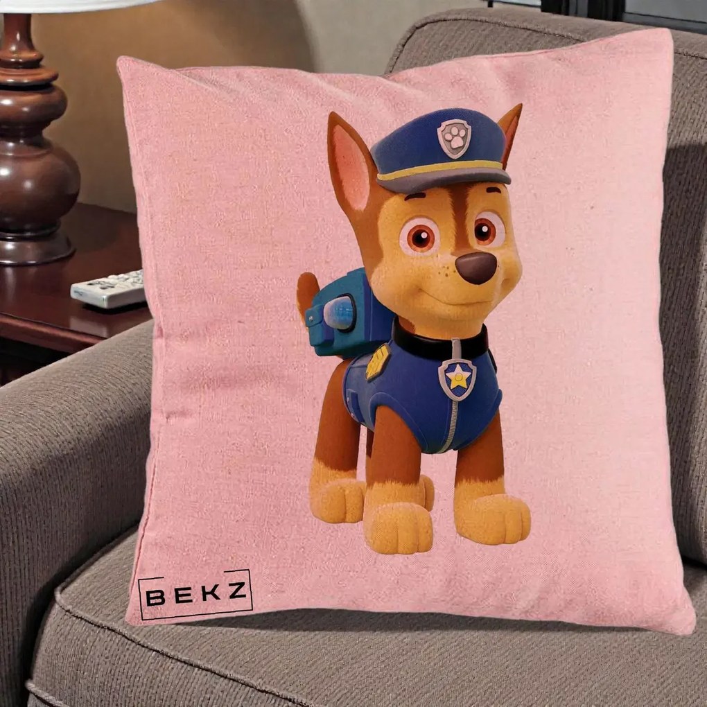 Perna Personalizata Chase PAW Patrol Albastru, 40x40 cm, Roz, Husa Detasabila, Perna Inclusa, BEKZ®