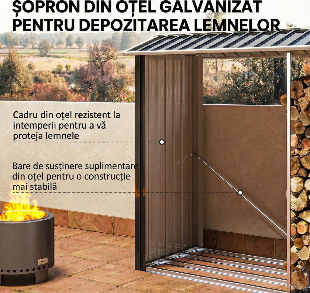 Outsunny Suport de Lemne cu Structură din Oțel Galvanizat 240x86x160cm Negru | Aosom Romania