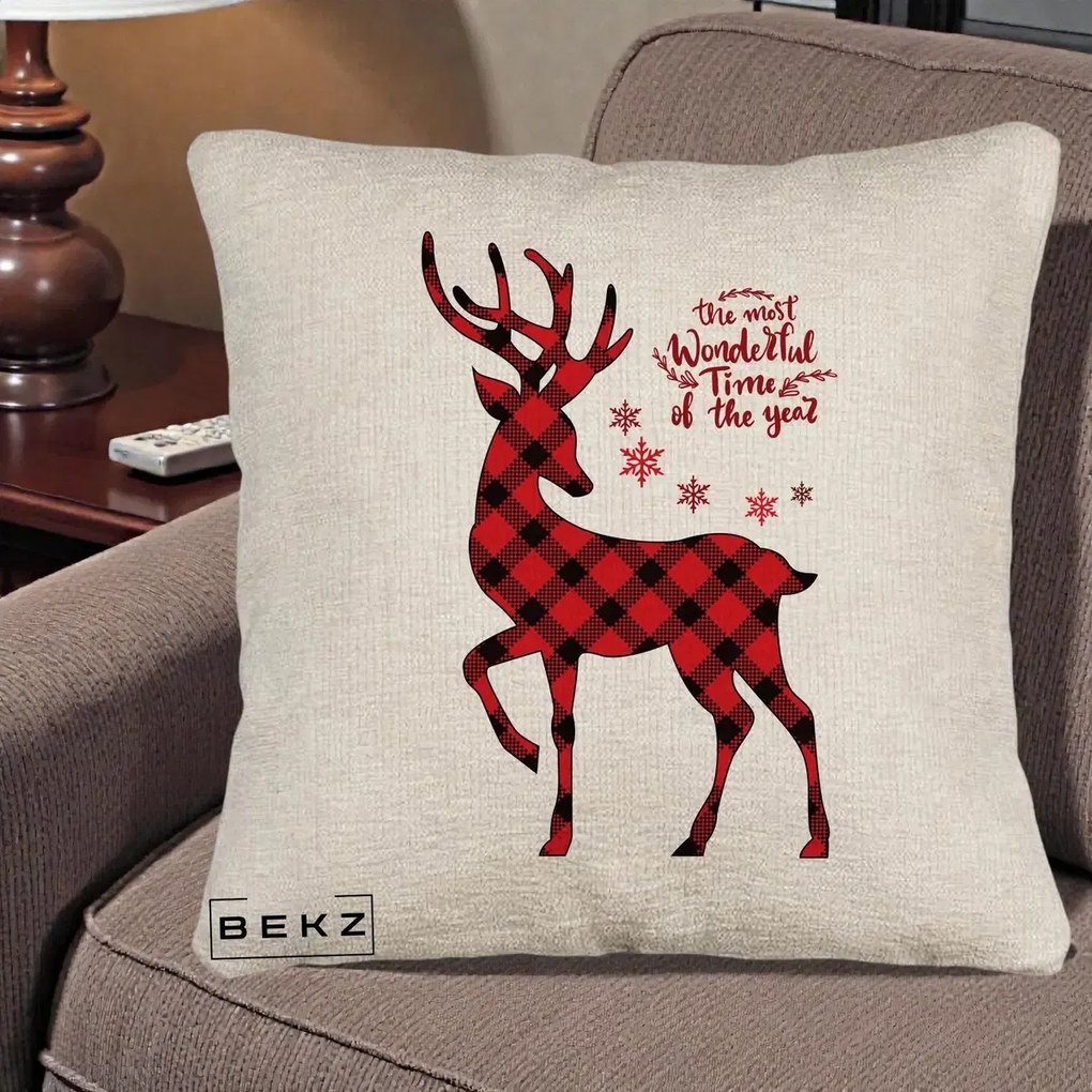 Perna Decorativa Ren Buffalo Plaid Craciun, 40x40 cm, Bej Canapea, Husa Detasabila, Perna Inclusa, BEKZ®