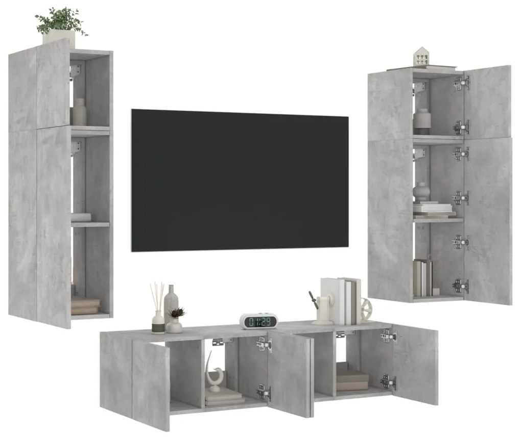 3216835 vidaXL Unități TV de perete cu LED-uri 6 piese gri beton lemn compozit