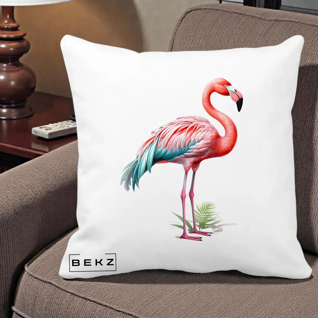 Perna Decorativa Flamingo Roz cu Pene Teal, 40x40 cm, Alba Mata, Husa Detasabila, Perna Inclusa, BEKZ®