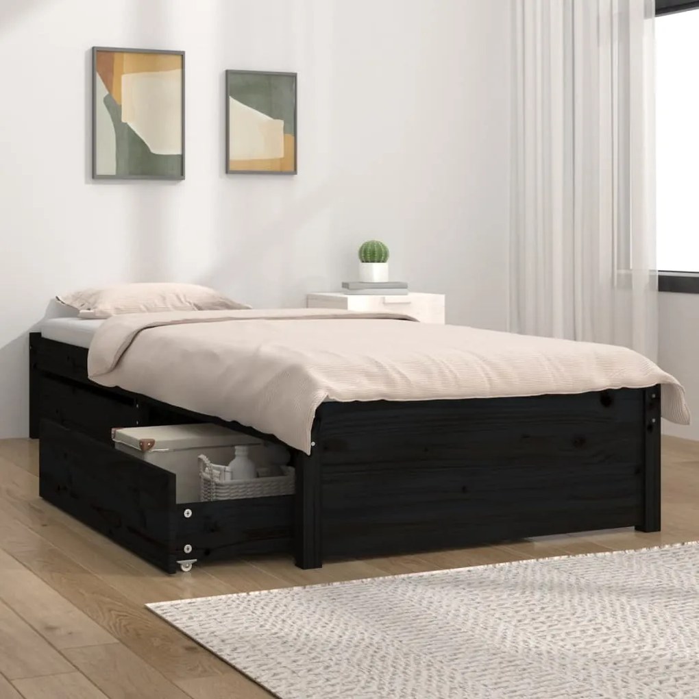 3103457 vidaXL Cadru de pat cu sertare, negru, 75x190 cm 2FT6 mic, single