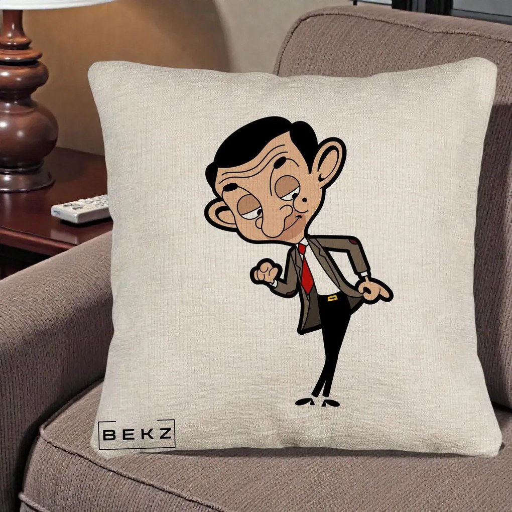 Perna Personalizata Mr. Bean Caricatura, 40x40 cm, Bej Canapea, Husa Detasabila, Perna Inclusa, BEKZ®