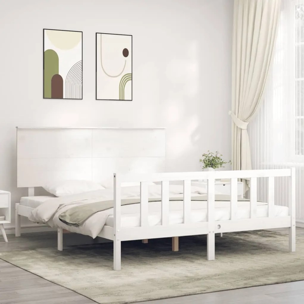 vidaXL Cadru de pat cu tăblie, alb, king size, lemn masiv