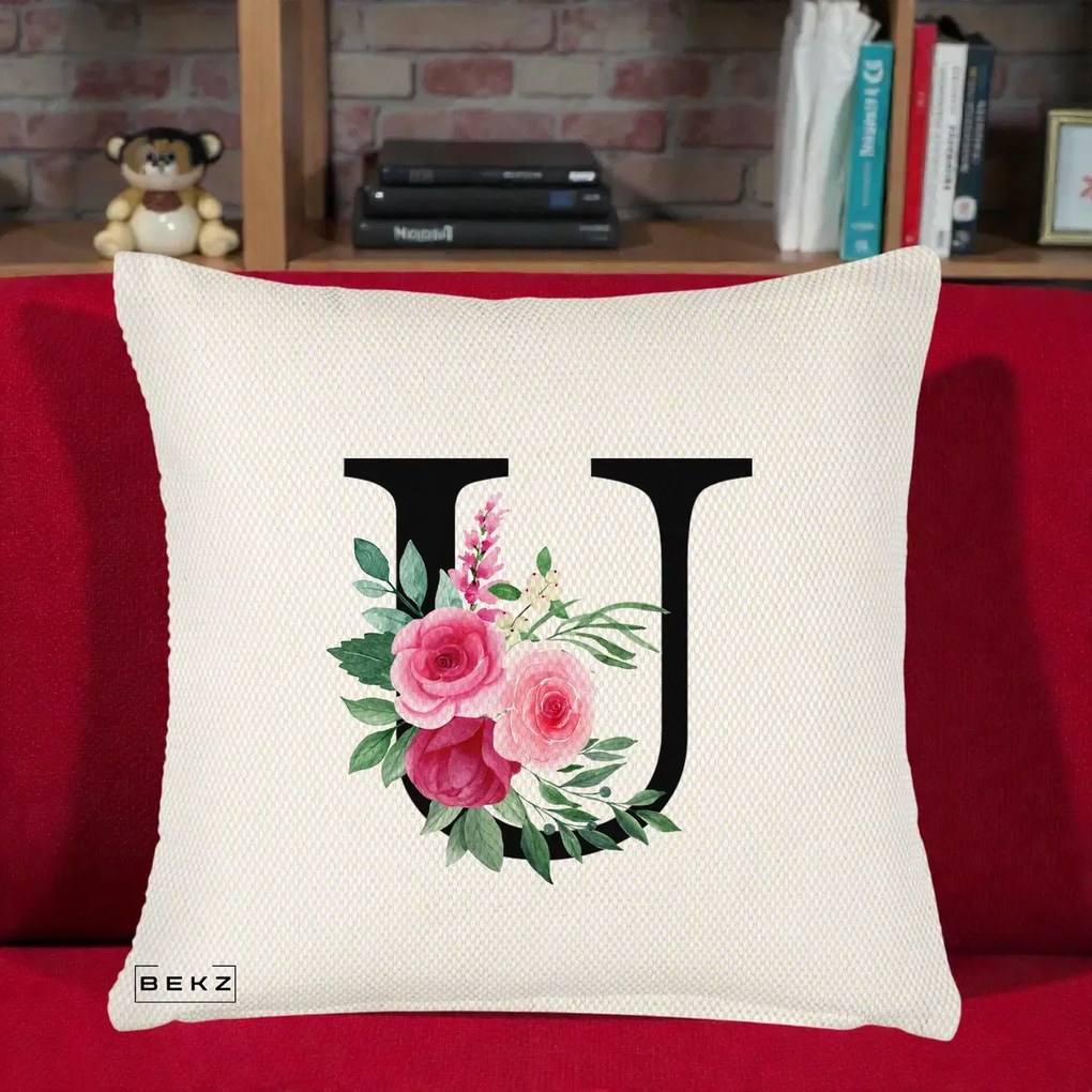 Cadou Personalizat - Perna Personalizata Monograma Florala Litera U, 40x40 cm, Crem Reliefat, Husa Detasabila, Perna Inclusa, BEKZ®