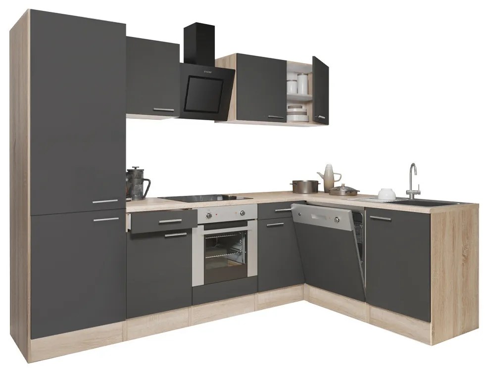 Mobilă de bucătărie de colț Yorki 280, corp din stejar sonoma, față antracit satinat, element cuptor inferior, dulap cu raft