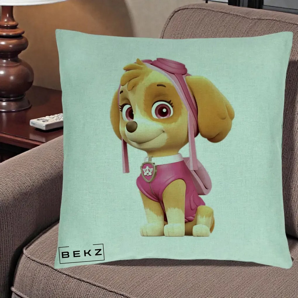 Perna Personalizata Skye PAW Patrol Roz, 40x40 cm, Verde Menta, Husa Detasabila, Perna Inclusa, BEKZ®